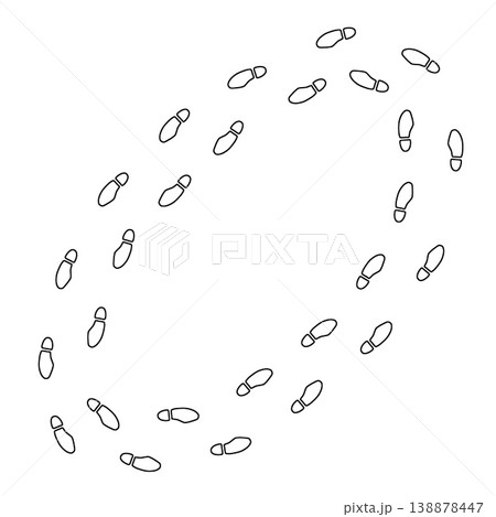 Footprint outline circle, thin line human shoe print track round path set on white. Minimalist walking person steps, footprint outline design, simple boot mark shape. Shoe print line art footprint Footprint outline circle, thin line human shoe print track round path set on white. Minimalist walking person steps, footprint outline design, simple boot mark shape. Shoe print line art footprint 138878447
