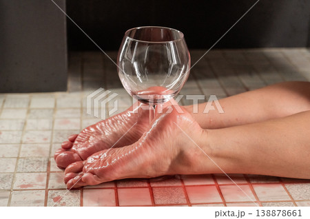 Foot fetish. A woman holds a wine glass in the shower. Foot fetish. A woman holds a wine glass in the shower. 138878661