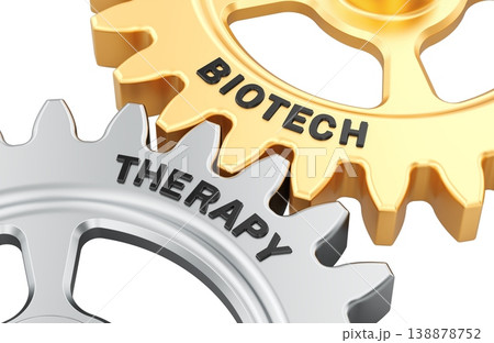 Biotech and Therapy, interlocking gears. 3D rendering Biotech and Therapy, interlocking gears. 3D rendering 138878752