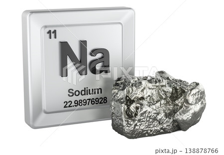 Sodium Na periodic table tile with sodium sample. 3D rendering 138878766
