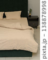 Modern bedroom interior with beige bedding and green upholstered headboard 138878998