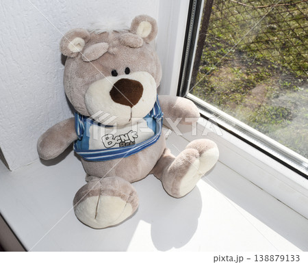 toy is a teddy bear on the windowsill. 138879133