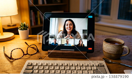 Evening video conference call on a tablet, showing a smiling woman and her team, set on a warm home office desk with work essentials. 138879190