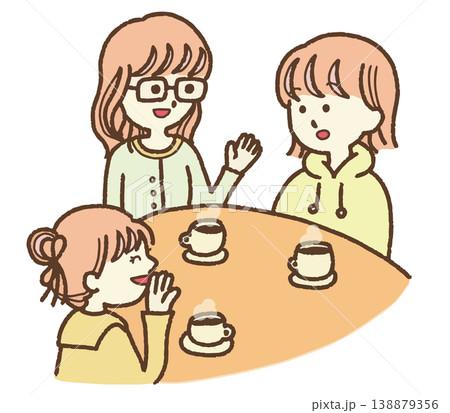 女子会イラスト素材　女性3人　カフェでおしゃべり　コーヒー　手書き風　友達　白背景 138879356