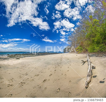 Footprints on empty tropical beach Santa Catalina Panama 138879483