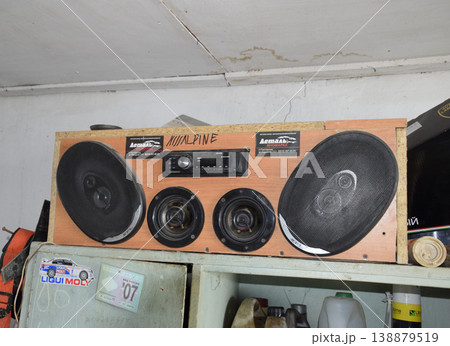 Homemade speaker system from car speakers and radio tape recorder. Homemade speaker system from car speakers and radio tape recorder. 138879519
