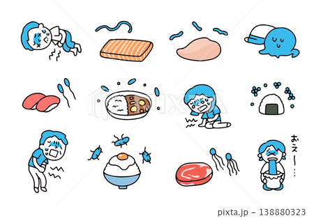 様々な菌と食中毒になっている人たちのイラストセット 138880323