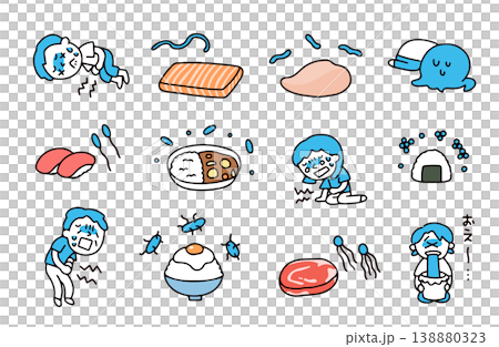 A set of illustrations depicting various bacteria and people suffering from food poisoning. A set of illustrations depicting various bacteria and people suffering from food poisoning. 138880323