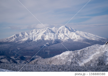 冬の雪に覆われた複数の峰を持つ山岳。北海道の大自然を代表する絶景。北海道の雄大な自然美を捉えた風景写 138880380