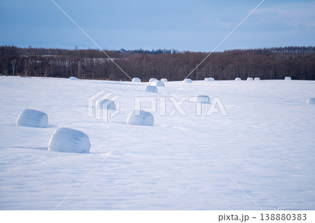 冬の北海道・雪原に並ぶ丸いヘイベール。北海道の大自然を代表する絶景。北海道の雄大な自然美を捉えた風景 冬の北海道・雪原に並ぶ丸いヘイベール。北海道の大自然を代表する絶景。北海道の雄大な自然美を捉えた風景 138880383