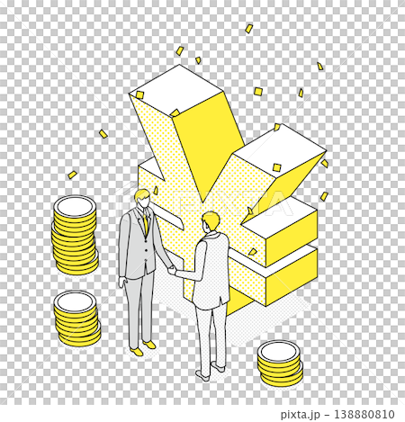 Isometric line drawing illustration of businessmen shaking hands in front of a giant yen symbol. 138880810