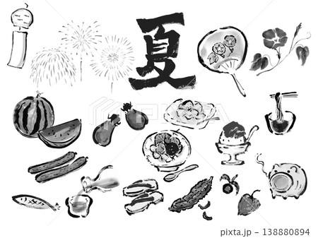 夏セット　筆書きイラスト 138880894