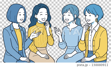插圖描繪了四位女性圍坐在一起進行圓桌討論的場景，她們正在交換意見和進行交流。 138880911