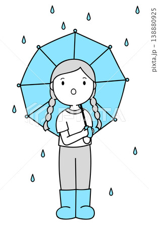青い傘と長靴を履いて雨の中を歩く女の子のイラスト 透明背景 138880925