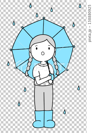 An illustration of a girl walking in the rain wearing a blue umbrella and rain boots, against a transparent background. An illustration of a girl walking in the rain wearing a blue umbrella and rain boots, against a transparent background. 138880925