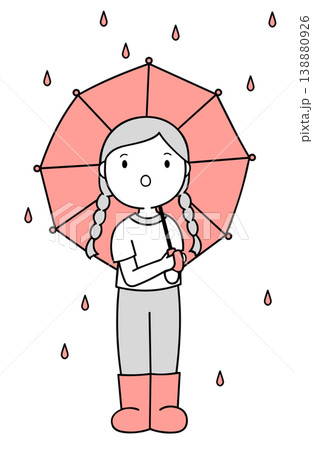 ピンクの傘をさして驚いた表情の女の子のイラスト 透明背景 138880926