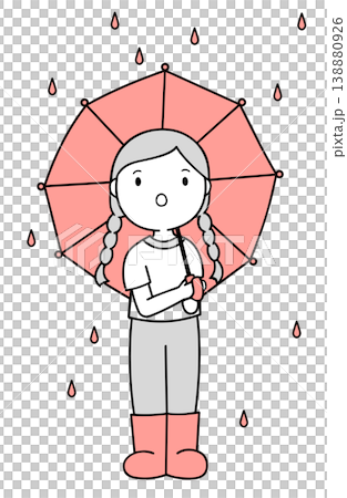 ピンクの傘をさして驚いた表情の女の子のイラスト 透明背景 138880926