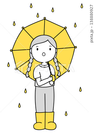 黄色い傘と長靴で雨の中に立つ女の子のイラスト 透明背景 黄色い傘と長靴で雨の中に立つ女の子のイラスト 透明背景 138880927