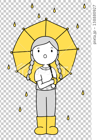 黄色い傘と長靴で雨の中に立つ女の子のイラスト 透明背景 黄色い傘と長靴で雨の中に立つ女の子のイラスト 透明背景 138880927