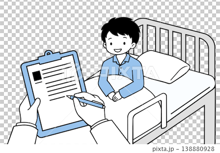 Illustration of a patient receiving an explanation from a doctor in a hospital bed, with a transparent background. 138880928