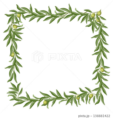 Square frame of olive tree branch vector illustration. Hand drawn wreath with leaves and twig in botanical style. Green floral element for menu template. Perfect for logo design and product packaging. Square frame of olive tree branch vector illustration. Hand drawn wreath with leaves and twig in botanical style. Green floral element for menu template. Perfect for logo design and product packaging. 138881422