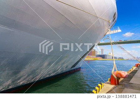 Osaka, Japan - Oct 11 2024, panoramic view from below on the bow of the MSC Bellissima cruise ship moored at the pier in the port of Osaka, without people, at daytime, Osaka, Japan Osaka, Japan - Oct 11 2024, panoramic view from below on the bow of the MSC Bellissima cruise ship moored at the pier in the port of Osaka, without people, at daytime, Osaka, Japan 138881471