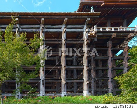 Kyoto, Japan - Oct 11 2024, panoramic view from below of wooden stilt pillars of Kiyomizu-dera Temple, Pure water monastery, with tree crowns in foreground, without people, at daytime, Kyoto, Japan Kyoto, Japan - Oct 11 2024, panoramic view from below of wooden stilt pillars of Kiyomizu-dera Temple, Pure water monastery, with tree crowns in foreground, without people, at daytime, Kyoto, Japan 138881533