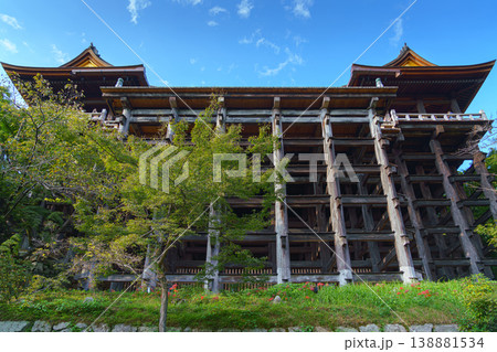 Kyoto, Japan - Oct 11 2024, panoramic view from below of wooden stilt pillars of Kiyomizu-dera Temple, Pure water monastery, with tree crowns in foreground, without people, at daytime, Kyoto, Japan Kyoto, Japan - Oct 11 2024, panoramic view from below of wooden stilt pillars of Kiyomizu-dera Temple, Pure water monastery, with tree crowns in foreground, without people, at daytime, Kyoto, Japan 138881534
