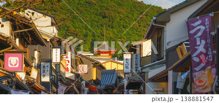 Kyoto, Japan - Oct 11 2024, panoramic view of crowd of tourists and locals walking along Kiyomizu-dera Street, with a monastery of Pure Water and green mountain on a background, Kyoto, Japan 138881547