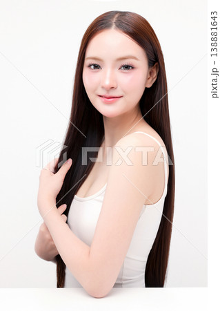Portrait beautiful young Asian woman with K beauty style makeup and perfect skin on isolated white background. Facial and skin care concept for commercial advertising. 138881643