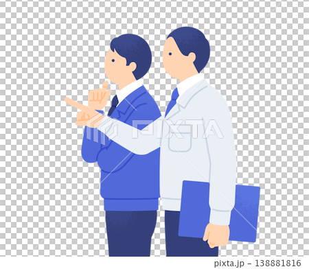 兩個人看向同一方向,互相查看和商量;身穿工作服的男子,側臉;向量圖。 兩個人看向同一方向,互相查看和商量;身穿工作服的男子,側臉;向量圖。 138881816