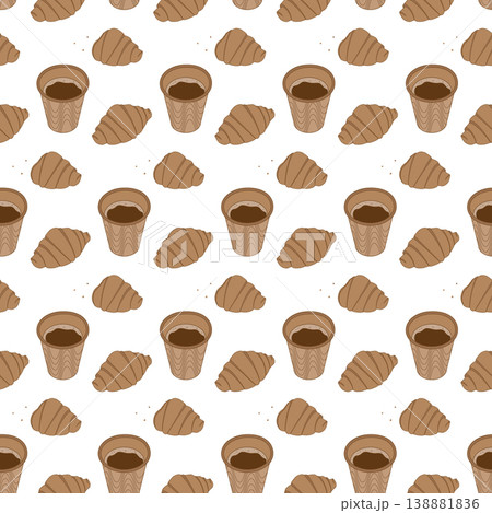 Croissants and Coffee in disposable cup Seamless pattern Coffee Day or Thematic Minimalist Backdrop. Isolated Vector illustration Wrapping Product Backdrop leaflets, banner, price tag, poster, labels 138881836