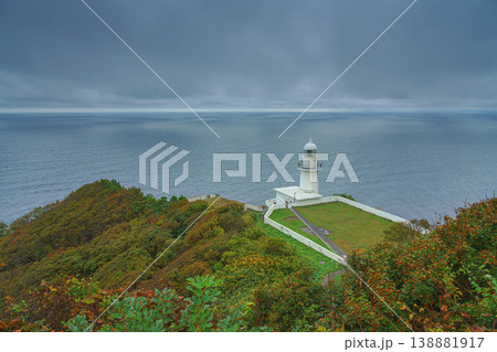 Muroran, Hokkaido, Japan - Oct 4 2024, panoramic aerial view of Cape Chikyu Lighthouse with the Pacific Ocean in the background, without people, Muroran, Japan 138881917
