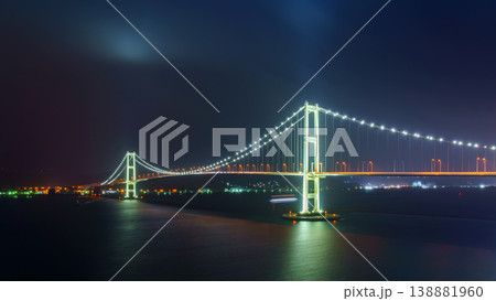Muroran, Hokkaido, Japan - Oct 04 2024, panoramic view of the cable-stayed Hakucho Bridge, at night, Muroran, Japan 138881960