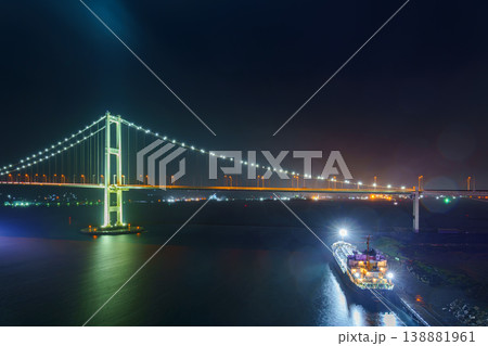 Muroran, Hokkaido, Japan - Oct 04 2024, panoramic view of the cable-stayed Hakucho Bridge, at night, Muroran, Japan 138881961