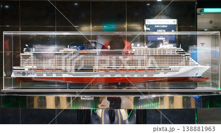 Muroran, Hokkaido, Japan - Oct 4 2024, Close-up view of a cruise ship model under glass, on one of the decks of the MSC Bellissima cruise ship, without people, Muroram, Japan 138881963