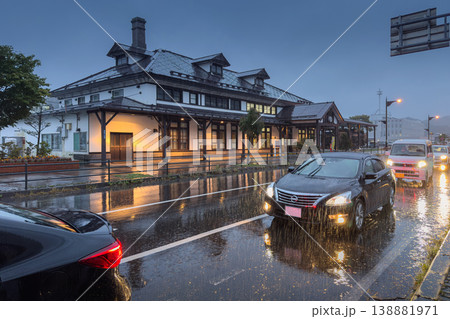 Muroran, Hokkaido, Japan - Oct 4 2024, panoramic view of Former Muroran Station Tourist Information Center with an illumination with a cars driving in foreground, in evening, Muroran, Japan 138881971