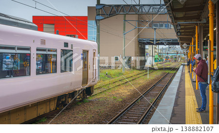 Muroran, Hokkaido, Japan - Oct 04 2024, panoramic view of the locomotive of an electric train outside platform at Muroran station, with a cloudy sky on background, Muroran, Japan 138882107
