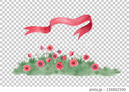 Watercolor red poppy meadow with ribbon and grass, floral greeting card template with copy space isolated on white for invitations, greeting cards, remembrance, print, branding and design uses 138882500