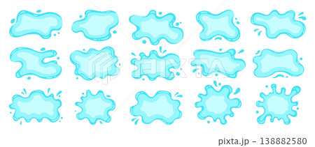Liquid shapes frames uneven wavy edges set fluid puddles splashes drops blue stains text background Liquid shapes frames uneven wavy edges set fluid puddles splashes drops blue stains text background 138882580