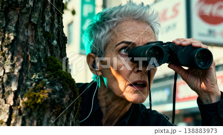 木陰で潜む西洋のノンバイナリ高齢者、双眼鏡と諜報の緊迫感写真 木陰で潜む西洋のノンバイナリ高齢者、双眼鏡と諜報の緊迫感写真 138883973