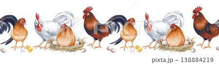 Seamless horizontal border with a farmyard family. Watercolor illustration with realistic roosters, hens, a nesting hen with eggs, and a small yellow chick with a worm. Isolated on a white background Seamless horizontal border with a farmyard family. Watercolor illustration with realistic roosters, hens, a nesting hen with eggs, and a small yellow chick with a worm. Isolated on a white background 138884219