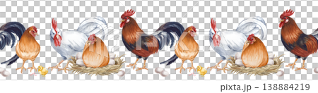 Seamless horizontal border with a farmyard family. Watercolor illustration with realistic roosters, hens, a nesting hen with eggs, and a small yellow chick with a worm. Isolated on a white background Seamless horizontal border with a farmyard family. Watercolor illustration with realistic roosters, hens, a nesting hen with eggs, and a small yellow chick with a worm. Isolated on a white background 138884219