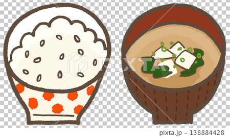 A set of rice and miso soup (with tofu and seaweed), featuring a simple and cutely stylized illustration (Lifestyle Series). A set of rice and miso soup (with tofu and seaweed), featuring a simple and cutely stylized illustration (Lifestyle Series). 138884428
