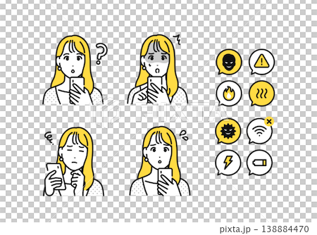 一組負面通知圖標，適用於一位20多歲的女性正在查看她的智慧型手機。 138884470