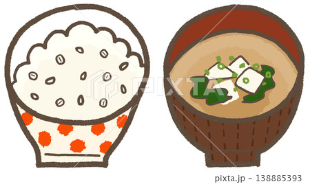 もち麦ご飯と豆腐の味噌汁、シンプルで可愛くデフォルメした手描きイラスト（暮らしシリーズ） 138885393
