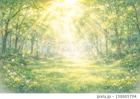 春シリーズ：新緑の森に差し込む幻想的な光 138885704