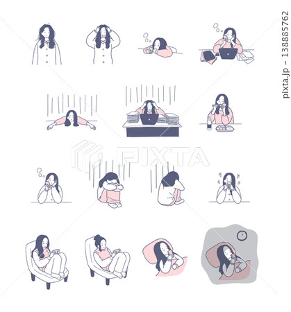 落ち込んだりネガティブな感情の女性のイラストセット 138885762