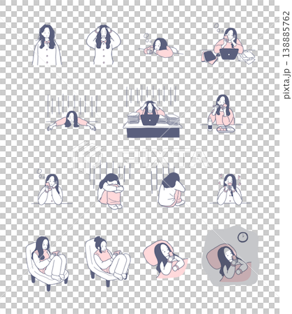 落ち込んだりネガティブな感情の女性のイラストセット 138885762