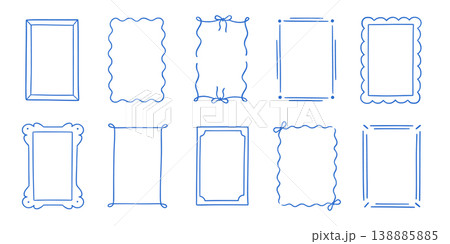 Frame border hand drawn line set. Frame border line hand drawn doodle rectangle vintage wavy bow picture. Cute whimsical decoration scallop squiggly curly wedding invitation. Vector Frame border hand drawn line set. Frame border line hand drawn doodle rectangle vintage wavy bow picture. Cute whimsical decoration scallop squiggly curly wedding invitation. Vector 138885885